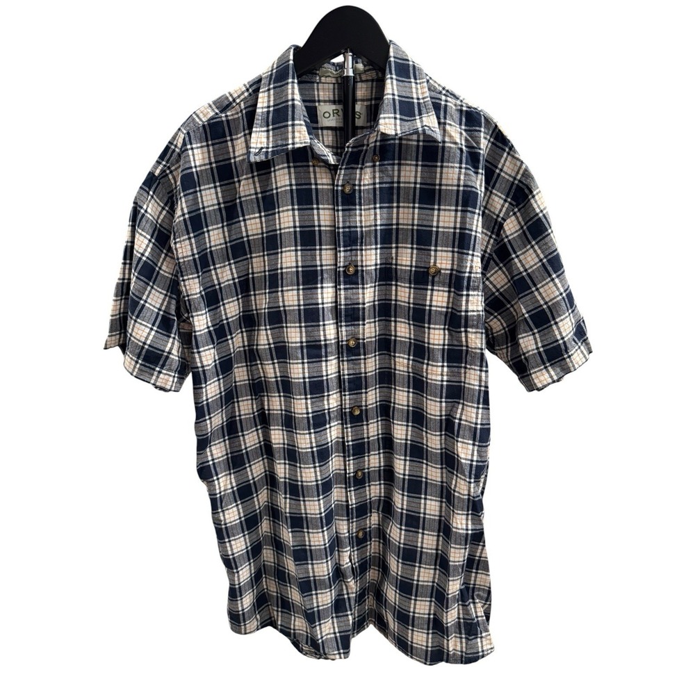 Orvis Mens Large Short Sleeve Plaid Button Down Shirt Navy Blue Tan Cotton L